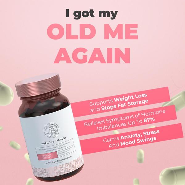 A square-ratio ad creative for a hormone support supplement using a bold, personal transformation headline and clear benefit-driven bullet points.